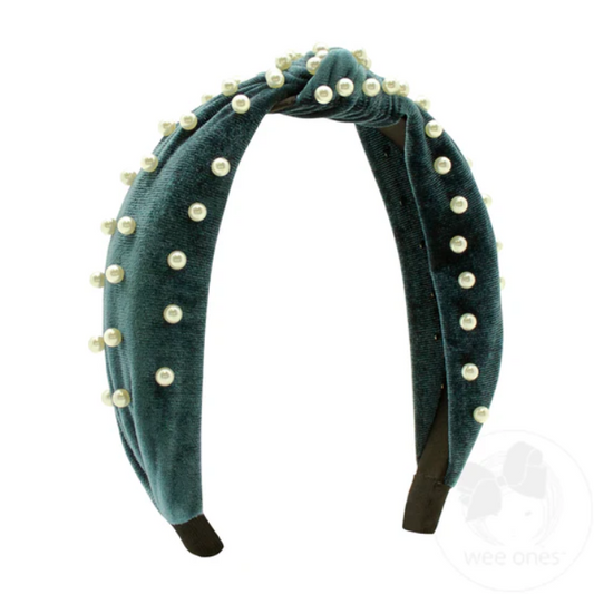 Sapphire Velvet Knotted Headband w/ Faux Pearls