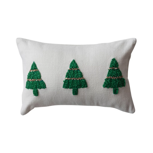 Cotton Slub Lumbar Pillow w/ Embroidered Trees & Beads
