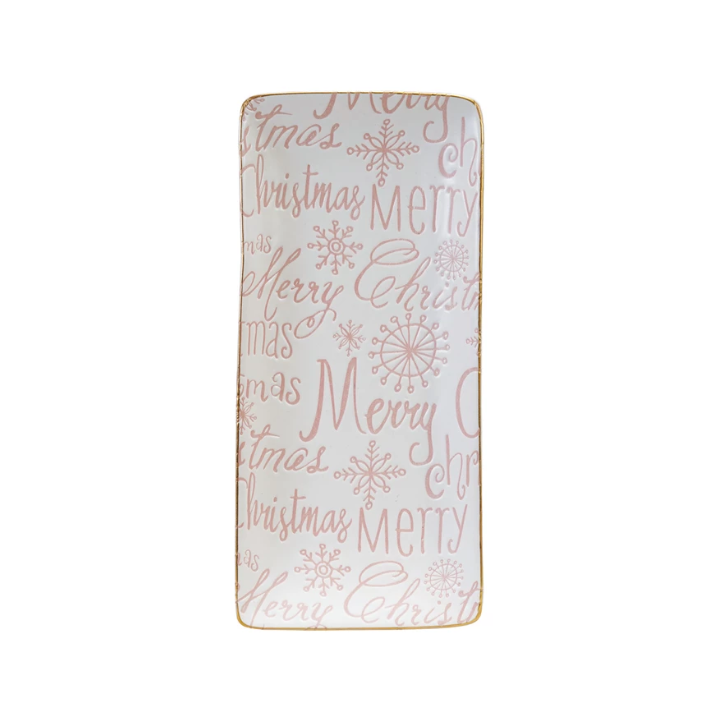 Stoneware "Merry Christmas" Tray w/ Gold Color Rim