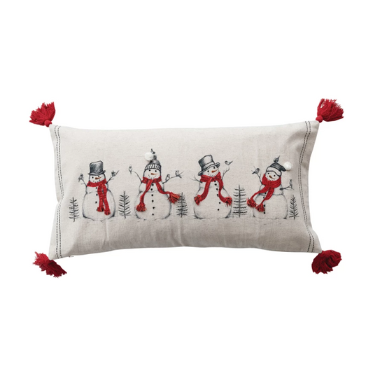 Lumbar Pillow with Embroidered Snowmen & Birds Image