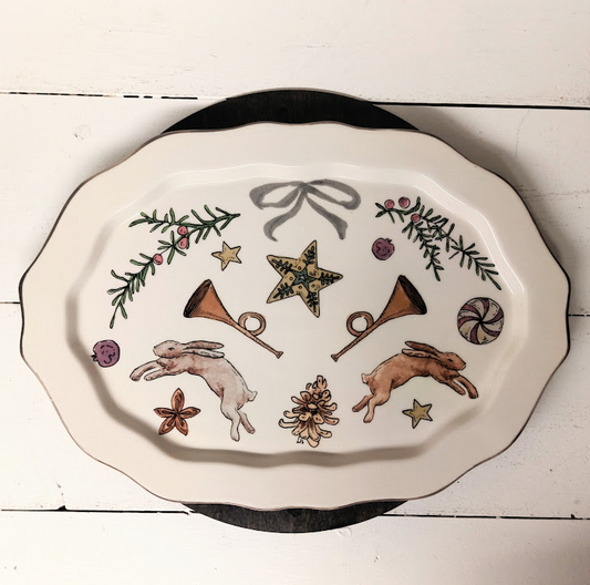 Stoneware Oval Platter w/ Horns & Rabbits