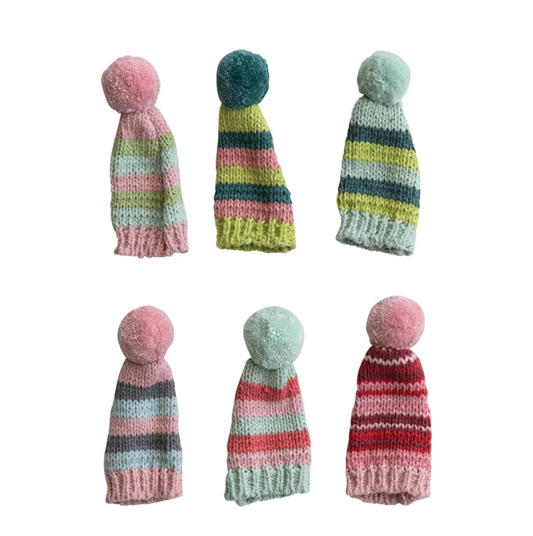4"H Cotton Knit Hat Bottle Topper w/ Pom Pom, Assorted
