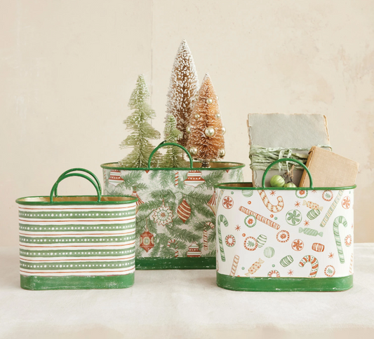Metal Bucket w/ Handles & Holiday Patterns, 3 Styles