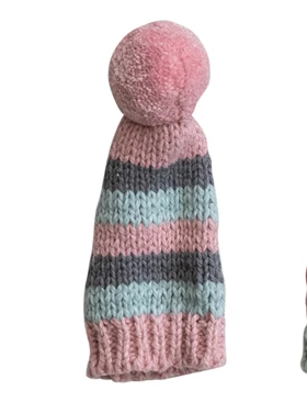 4"H Cotton Knit Hat Bottle Topper w/ Pom Pom, Assorted