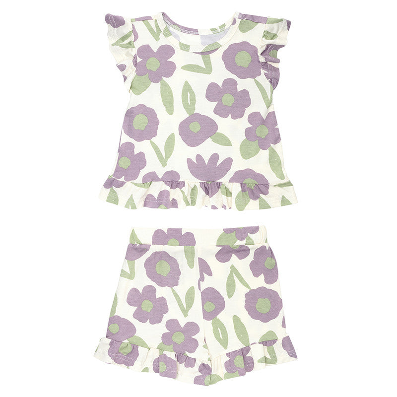 Purple Floral Short Sleeve + Shorts Ruffle Set