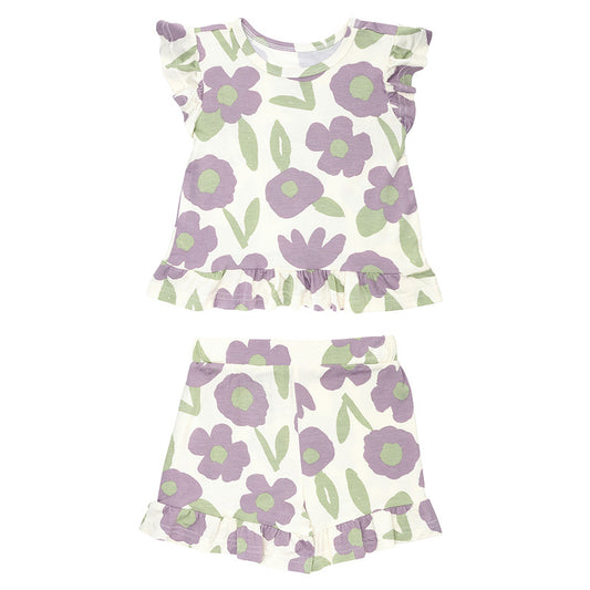 Purple Floral Short Sleeve + Shorts Ruffle Set