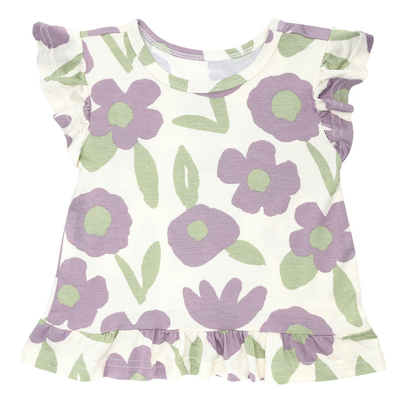 Purple Floral Short Sleeve + Shorts Ruffle Set