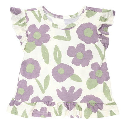 Purple Floral Short Sleeve + Shorts Ruffle Set