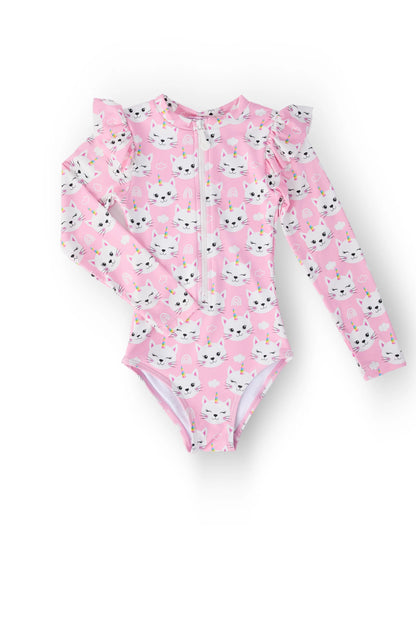 Unicorn Kitties L/S Flutter One-Piece Swimsuit