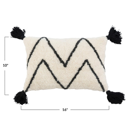16" x 10" Wool Blend Tufted Lumbar Pillow w/ Chevron & Tasselsa