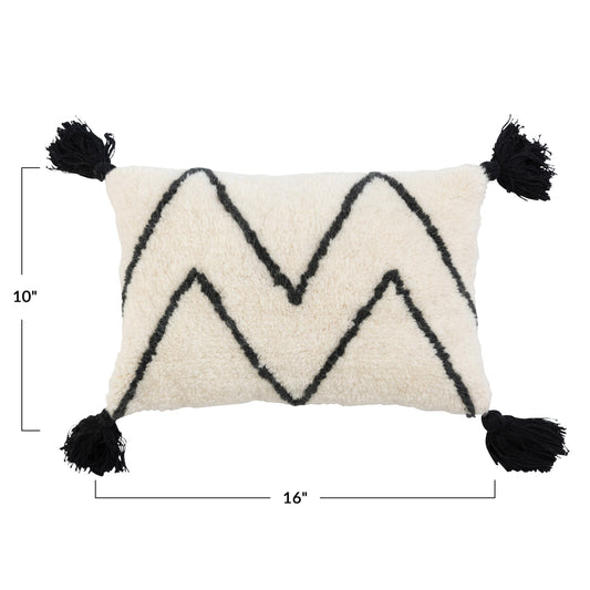 16" x 10" Wool Blend Tufted Lumbar Pillow w/ Chevron & Tasselsa