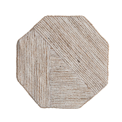 15"L x 15"W Cotton & Jute Embroidered Octagon Shaped Placemat, Natural & White