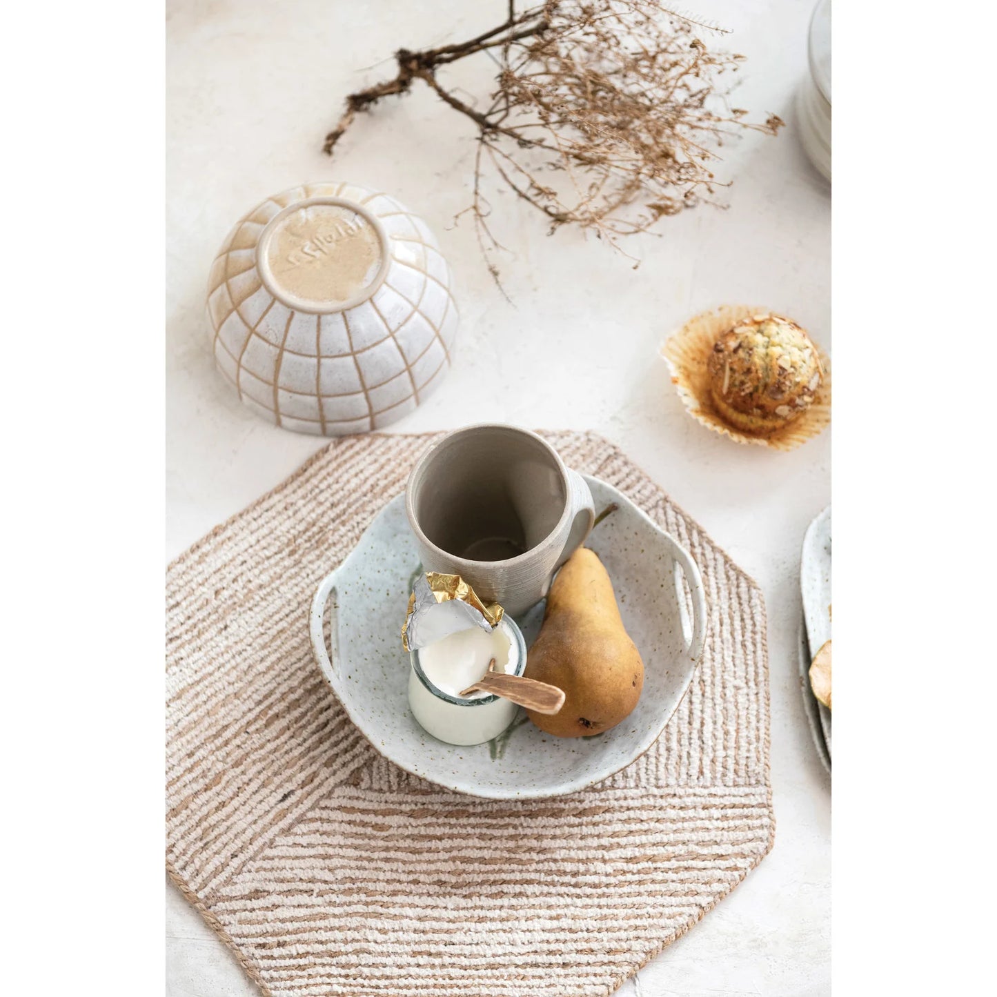 15"L x 15"W Cotton & Jute Embroidered Octagon Shaped Placemat, Natural & White