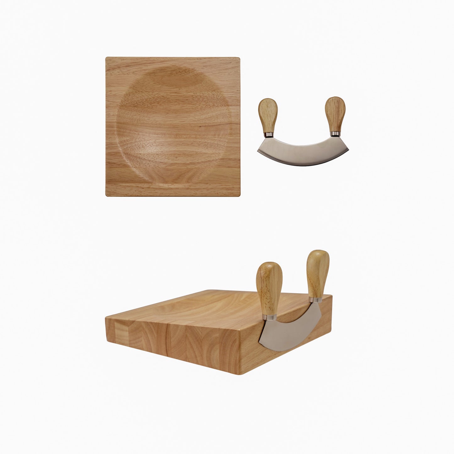 Rubberwood & Stainless Steel Mezzaluna & 8" Square Cutting Board