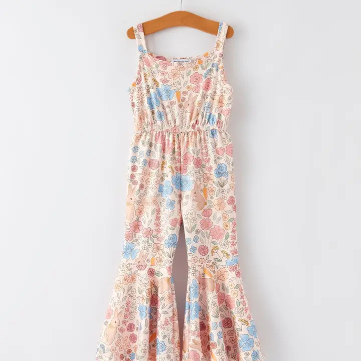 Easter Bunny Floral Print Girls Sling Flared Jumpsuit