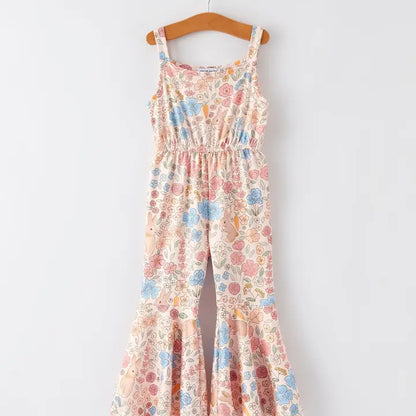 Easter Bunny Floral Print Girls Sling Flared Jumpsuit