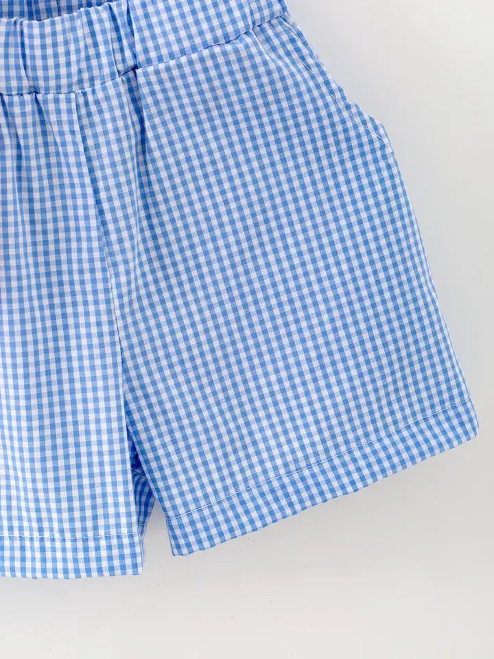 Toddler Boys Red Baseball Smocked Tee and Blue Plaid Shorts Set