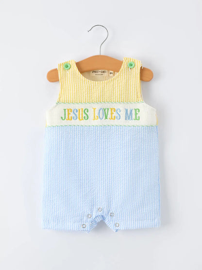 "Jesus Loves Me "Embroidered Baby Boy Romper