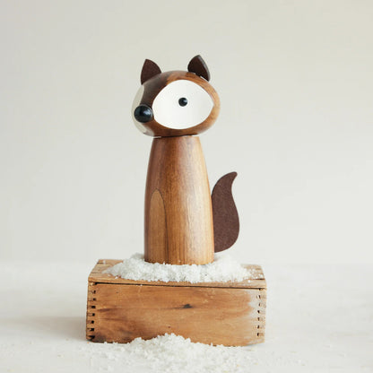 Acacia Wood Fox Shaped Salt/Pepper Mill with Faux Leather Ears & Tail