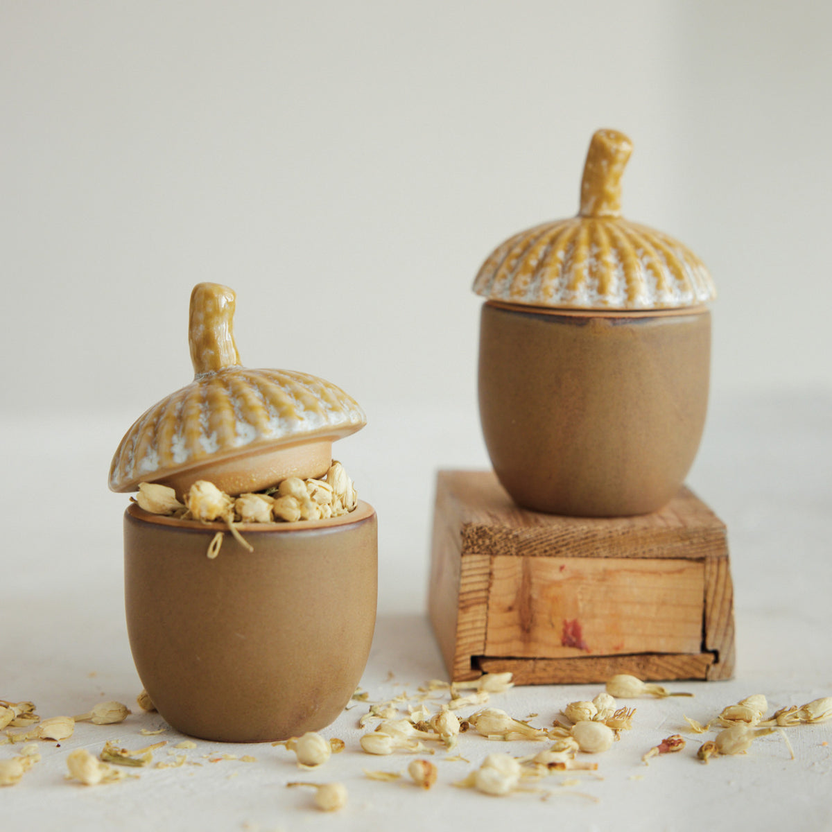 Stoneware Acorn Shaped Jar with Lid, Matte Reactive Glaze