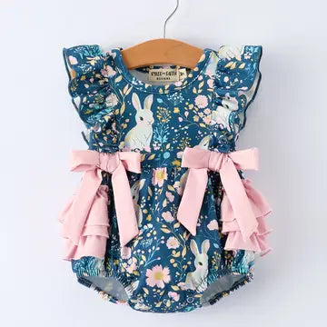 Teal Easter Bunny Garden Ruffle Sleeve Baby Girls Romper
