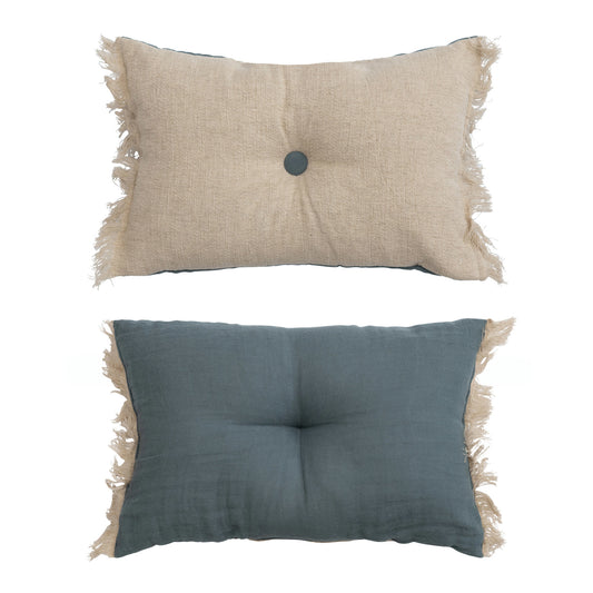 16" x 10" Two-Sided Linen Blend Tufted Lumbar Pillow w/ Button & Fringe