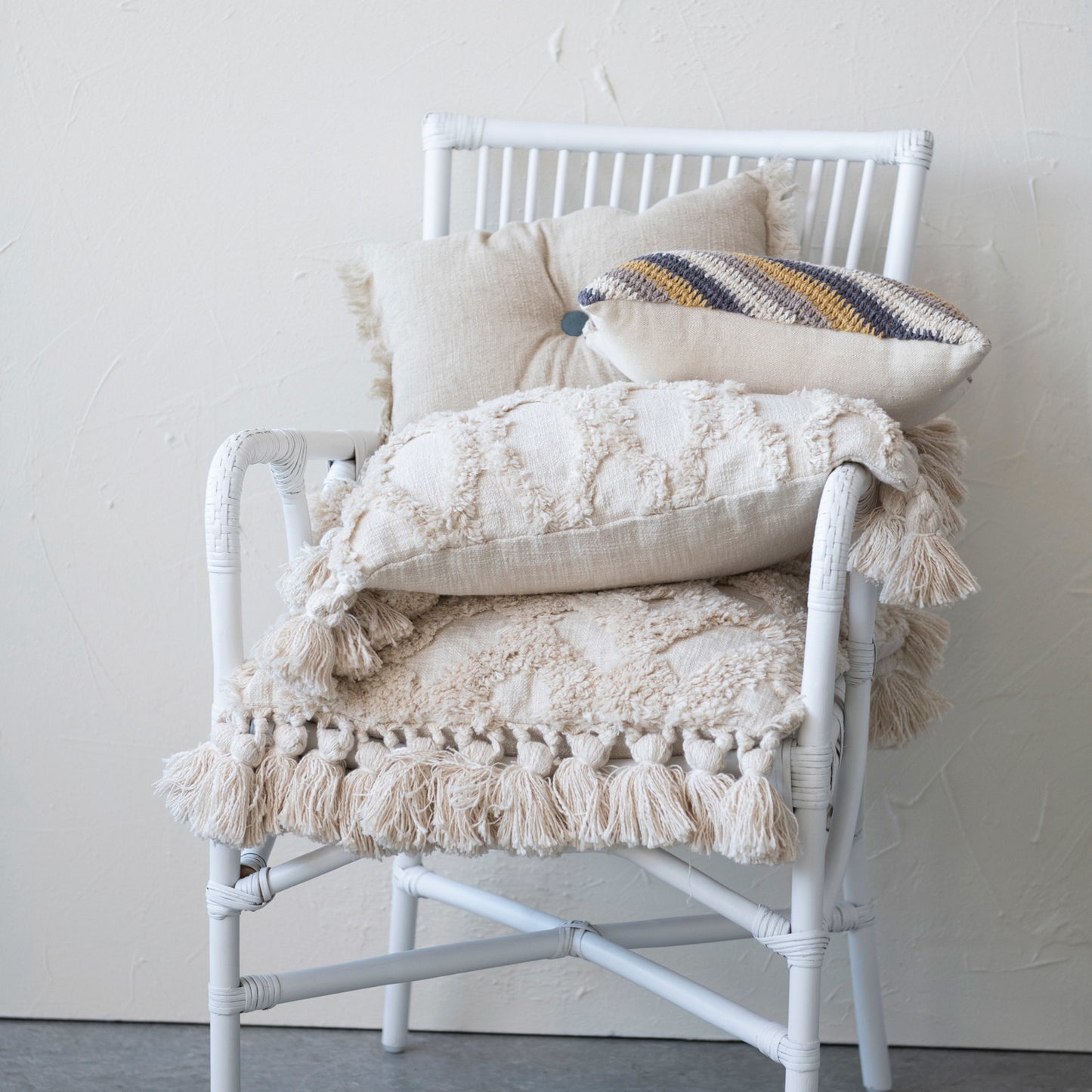 16" x 10" Two-Sided Linen Blend Tufted Lumbar Pillow w/ Button & Fringe
