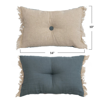 16" x 10" Two-Sided Linen Blend Tufted Lumbar Pillow w/ Button & Fringe