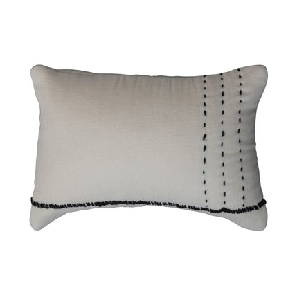 Cotton Lumbar Pillow w/ Hand Embroidery, Natural & Brown