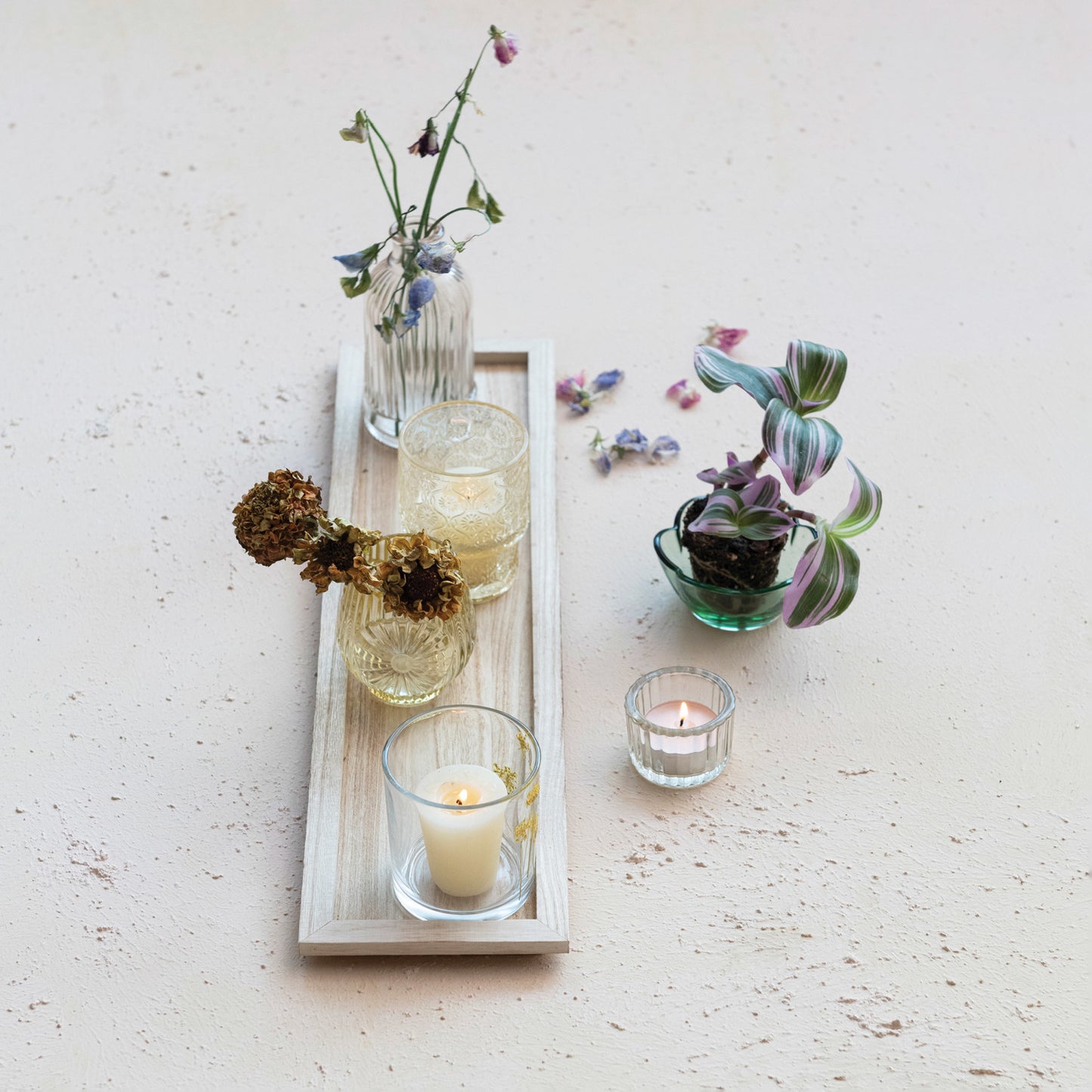 Wood Tray w/ Embossed Glass Tealight/Votive Holders w/ Vase, Set of 7