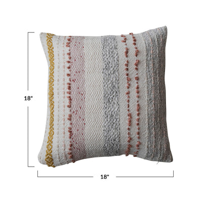 18" Square Woven Cotton Blend Pillow w/ Stripes & Embroidery