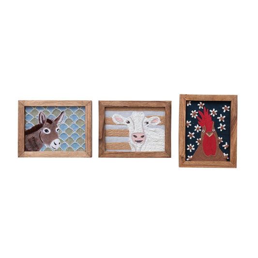 Framed Cotton Embroidered Animal Wall Décor, Assorted