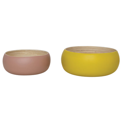 Bamboo Bowls w/ Natural Finish Inside, Matte Pink & Yellow, Set of 2