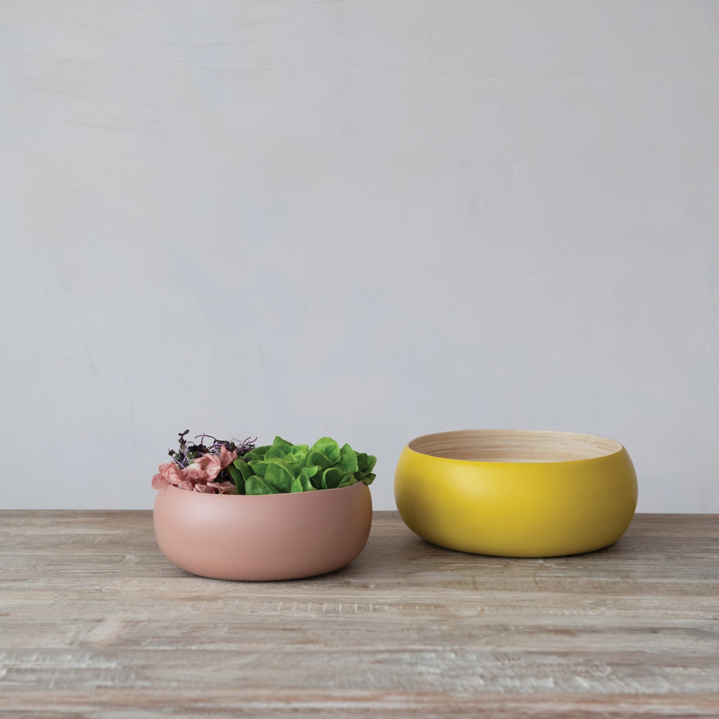 Bamboo Bowls w/ Natural Finish Inside, Matte Pink & Yellow, Set of 2