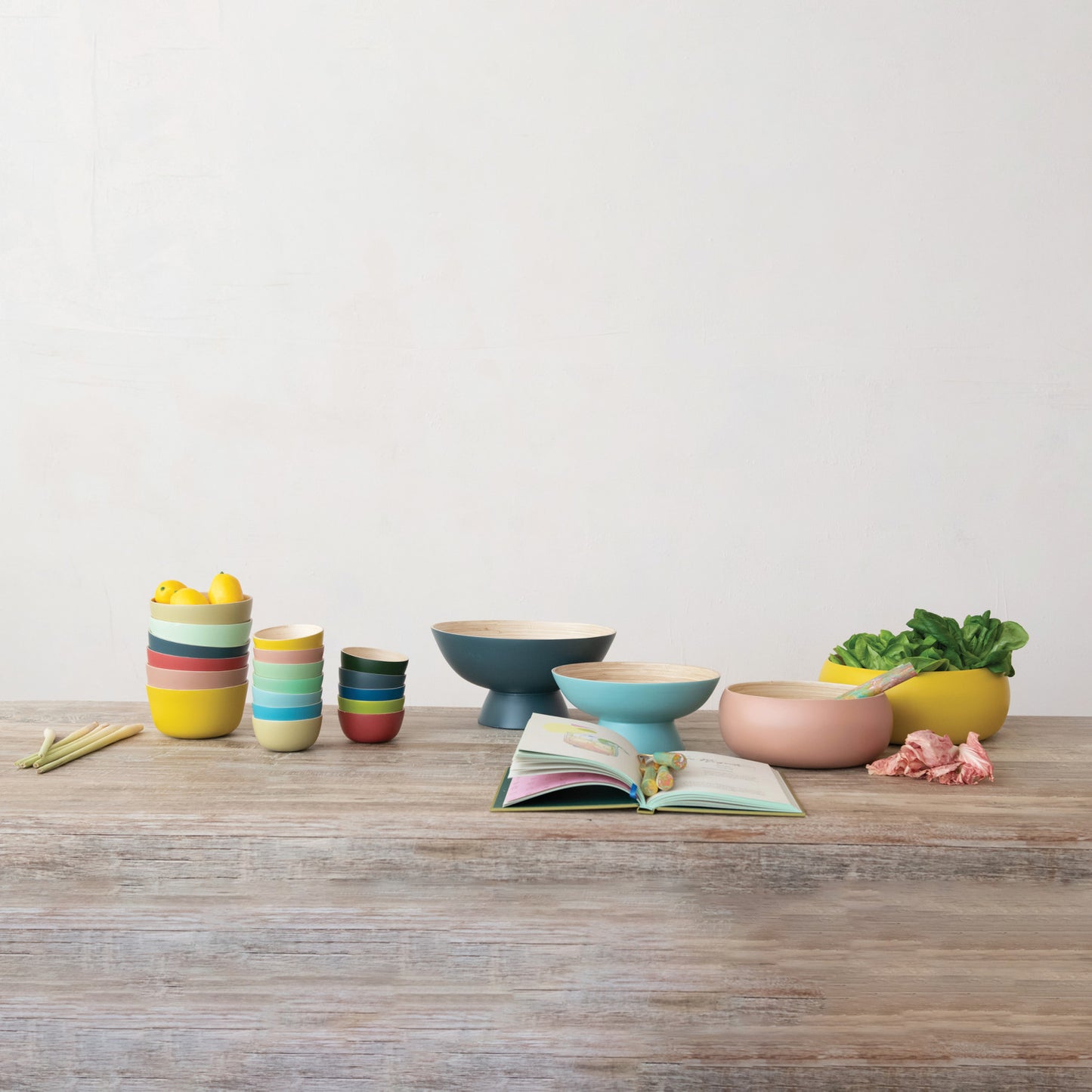 Bamboo Bowls w/ Natural Finish Inside, Matte Pink & Yellow, Set of 2