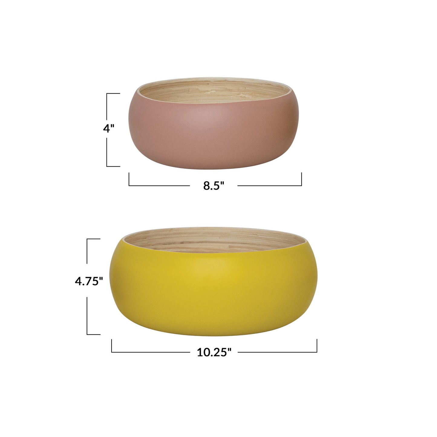 Bamboo Bowls w/ Natural Finish Inside, Matte Pink & Yellow, Set of 2