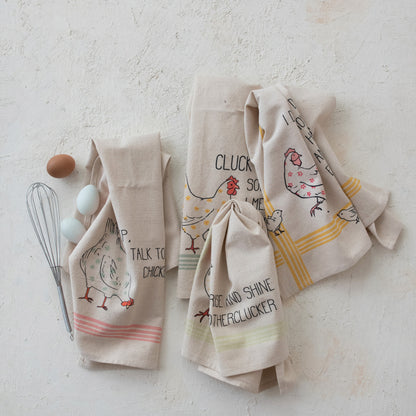 Cotton & Linen Printed Tea Towel w/ Chicken & Saying
