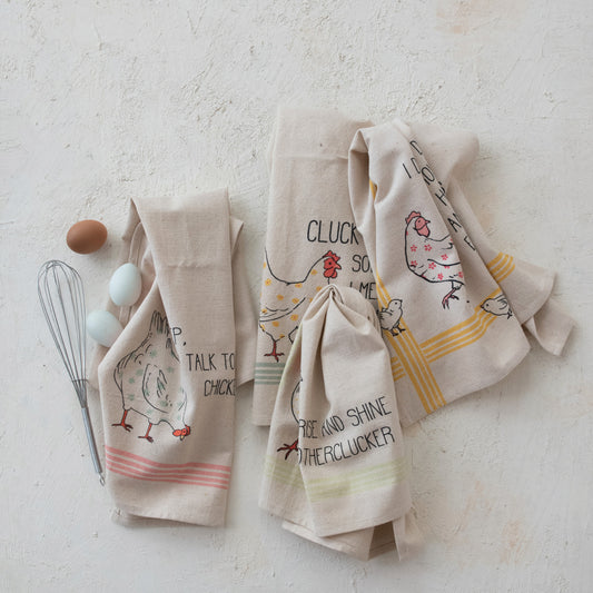 Cotton & Linen Printed Tea Towel w/ Chicken & Saying