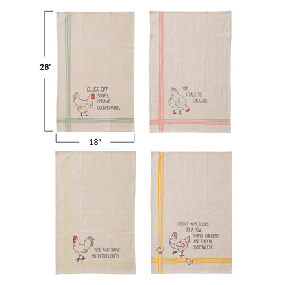 Cotton & Linen Printed Tea Towel w/ Chicken & Saying