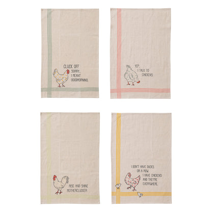 Cotton & Linen Printed Tea Towel w/ Chicken & Saying
