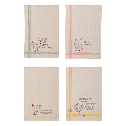 Cotton & Linen Printed Tea Towel w/ Chicken & Saying