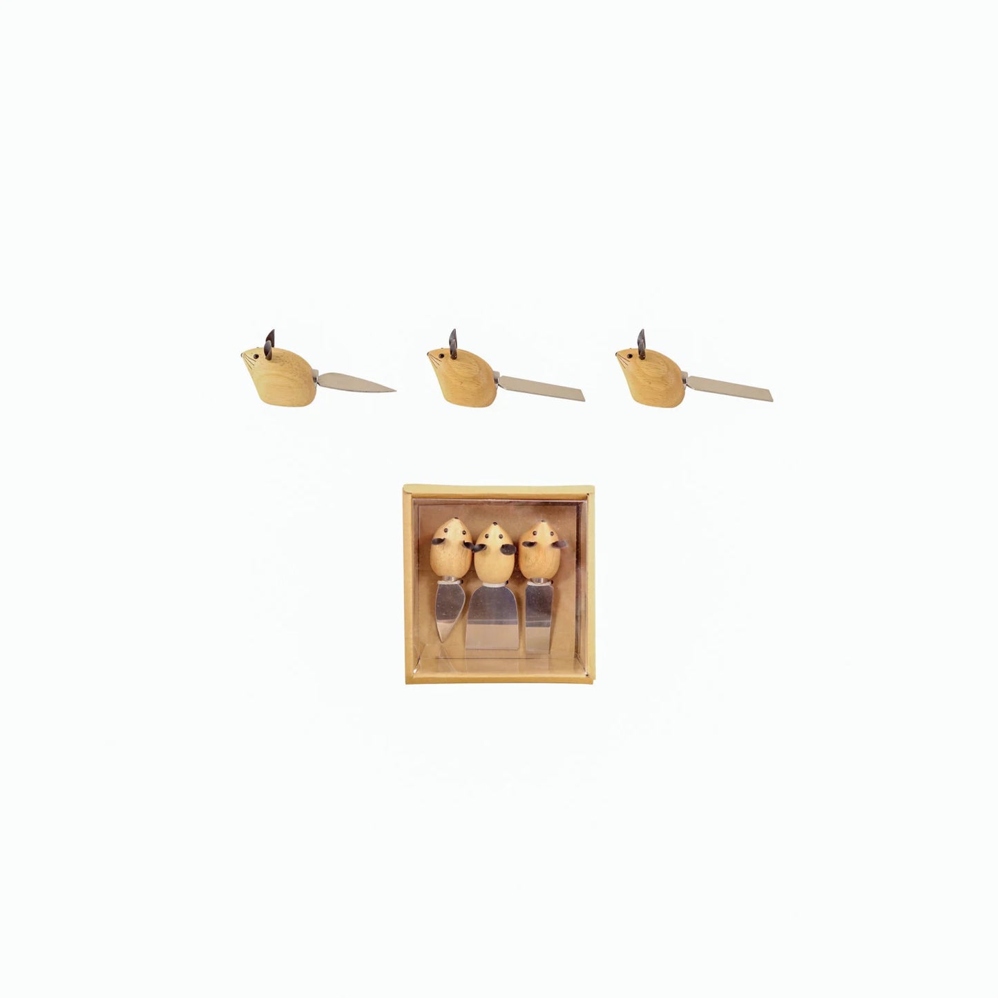 Stainless Steel Cheese Knives w/ Mouse Shaped Handles & Faux Leather Ears, Boxed Set of 3
