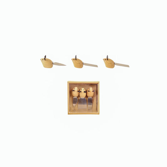 Stainless Steel Cheese Knives w/ Mouse Shaped Handles & Faux Leather Ears, Boxed Set of 3