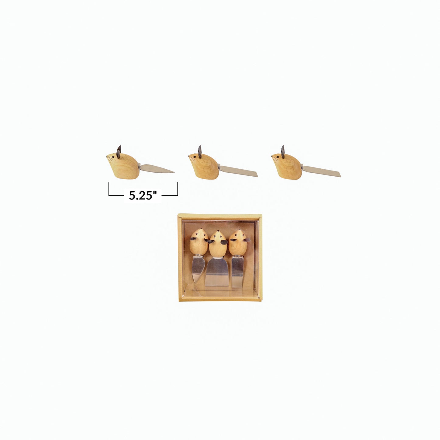 Stainless Steel Cheese Knives w/ Mouse Shaped Handles & Faux Leather Ears, Boxed Set of 3