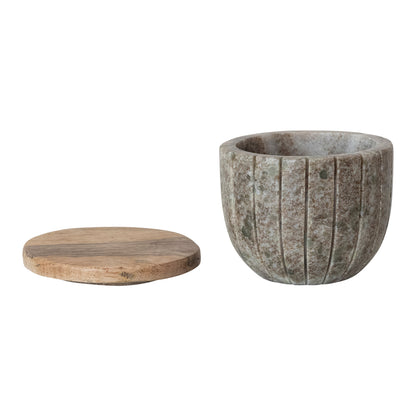Carved Marble Container with Mango Wood Lid, Brown & Natural
