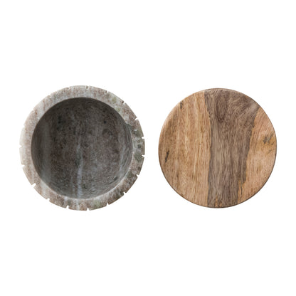 Carved Marble Container with Mango Wood Lid, Brown & Natural