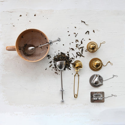 Stainless Steel Shaped Loose Tea Infuser with Dish, Gold/Nickel Finish, Set of 2, 4 Styles