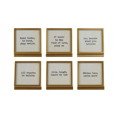 Metal & Glass Frame with Easel & Saying, Gold Finish, 6 Styles (Holds 3" Square Photo)