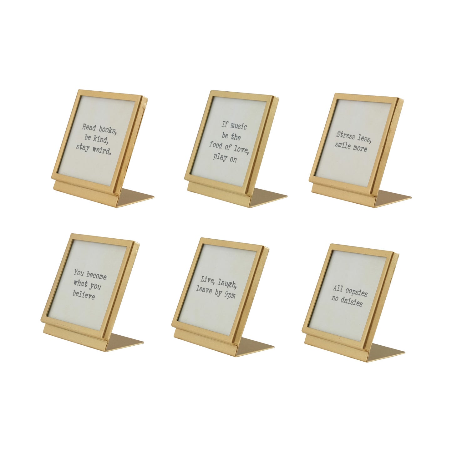 Metal & Glass Frame with Easel & Saying, Gold Finish, 6 Styles (Holds 3" Square Photo)