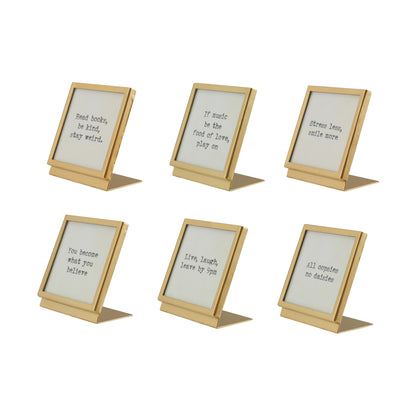 Metal & Glass Frame with Easel & Saying, Gold Finish, 6 Styles (Holds 3" Square Photo)
